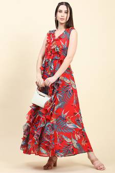Red printed georgette long-dresses