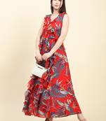 Red printed georgette long-dresses