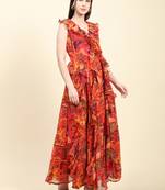 Red printed polyester long-dresses