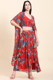 Red printed georgette long-dresses