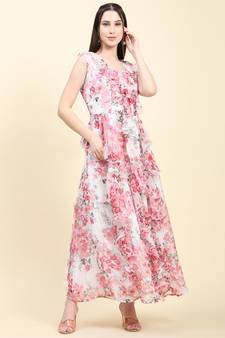 White printed polyester long-dresses