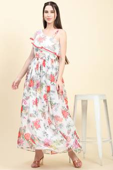 White printed georgette long-dresses