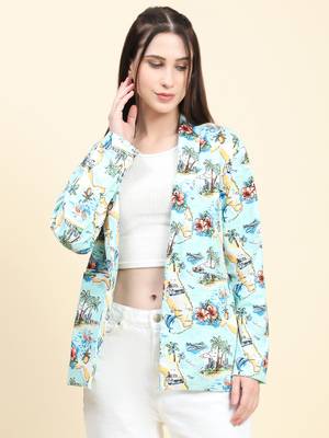 Aqua-blue printed linen blend women jackets 1