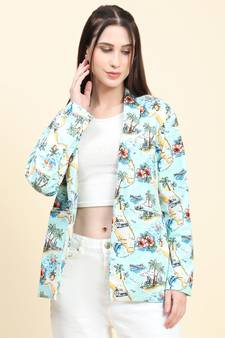 Aqua-blue printed linen blend women jackets