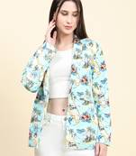 Aqua-blue printed linen blend women jackets