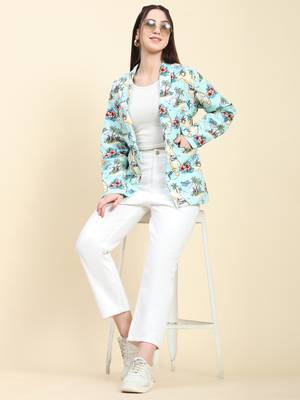 Aqua-blue printed linen blend women jackets 2