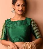 Green Boat Neck Raw Silk Hand Embroidered Blouse