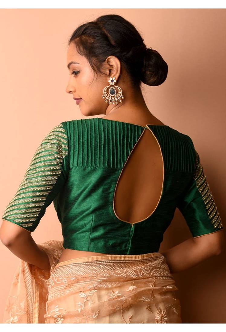 Green Boat Neck Raw Silk Hand Embroidered Blouse