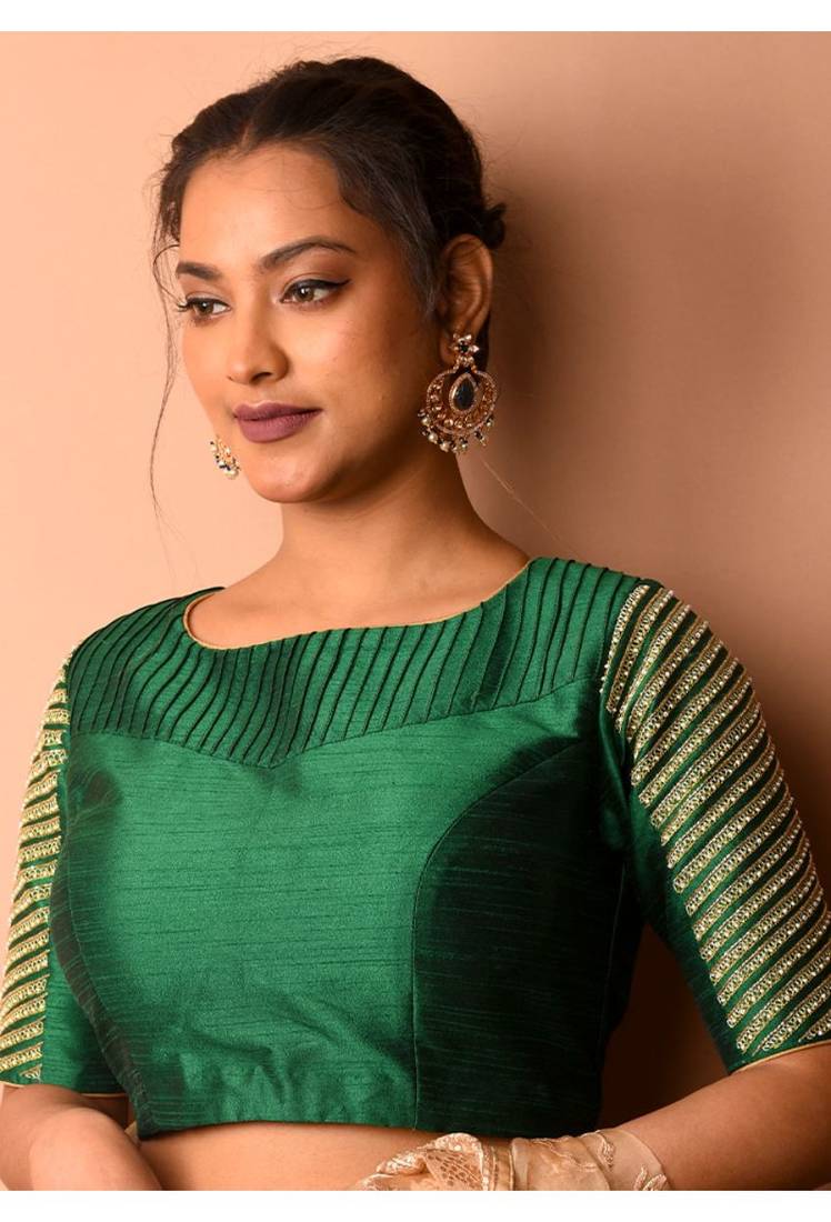 Green Boat Neck Raw Silk Hand Embroidered Blouse