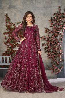 Magenta embroidered net salwar kameez
