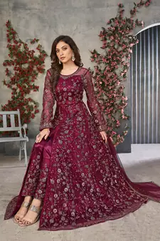 Magenta embroidered net salwar kameez