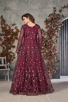 Magenta embroidered net salwar kameez