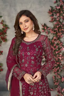 Magenta embroidered net salwar kameez