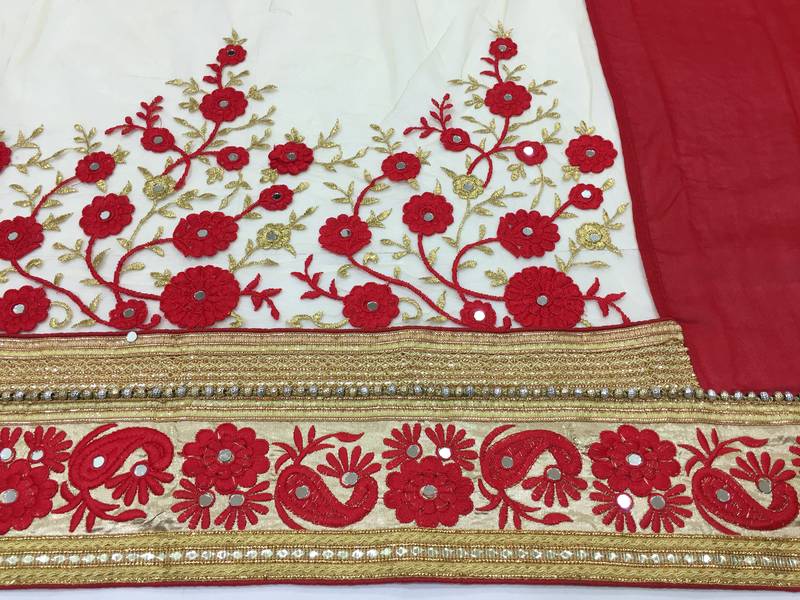Trendmalls Embroidery Bollywood Satin Chiffon And Net Red Party Wear Saree With Blouse