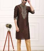 Brown embroidered art silk kurta-pajama