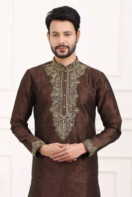 Brown embroidered art silk kurta-pajama 2