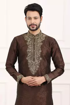Brown embroidered art silk kurta-pajama