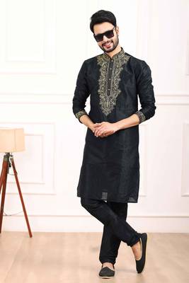 Black embroidered art silk kurta-pajama 1