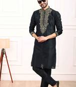 Black embroidered art silk kurta-pajama