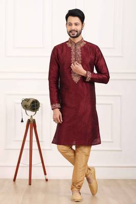 Maroon embroidered art silk kurta-pajama 1