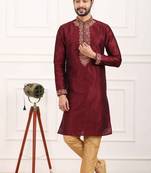 Maroon embroidered art silk kurta-pajama