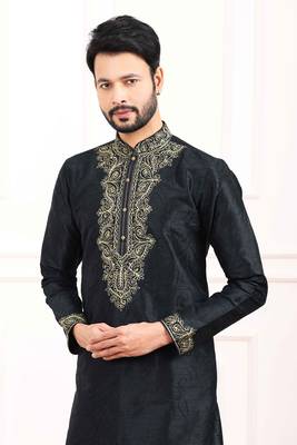 Black embroidered art silk kurta-pajama 2