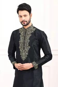 Black embroidered art silk kurta-pajama
