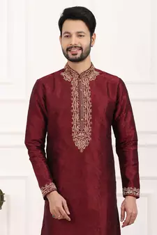 Maroon embroidered art silk kurta-pajama