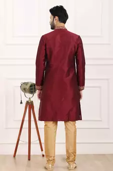 Maroon embroidered art silk kurta-pajama