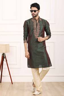 Green embroidered art silk kurta-pajama