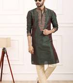 Green embroidered art silk kurta-pajama