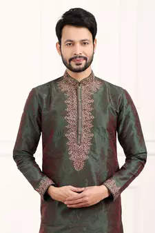 Green embroidered art silk kurta-pajama
