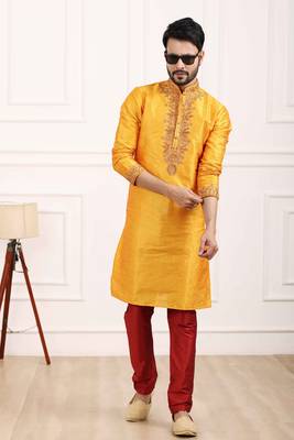 Yellow embroidered art silk kurta-pajama 1