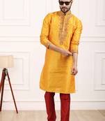 Yellow embroidered art silk kurta-pajama
