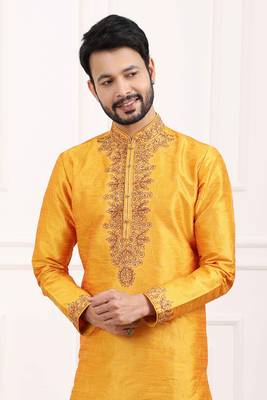 Yellow embroidered art silk kurta-pajama 2