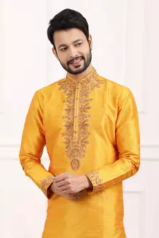 Yellow embroidered art silk kurta-pajama