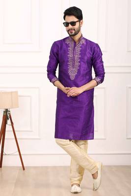 Purple embroidered art silk kurta-pajama 1