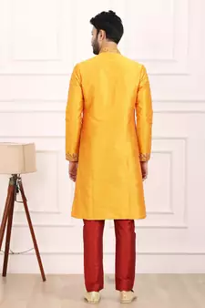 Yellow embroidered art silk kurta-pajama