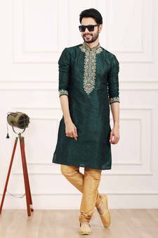 Green embroidered art silk kurta-pajama
