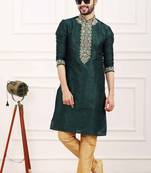 Green embroidered art silk kurta-pajama
