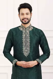 Green embroidered art silk kurta-pajama