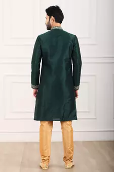 Green embroidered art silk kurta-pajama