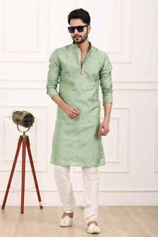 Green embroidered art silk kurta-pajama