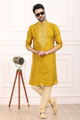 Yellow embroidered art silk kurta-pajama 1