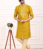 Yellow embroidered art silk kurta-pajama