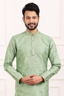 Green embroidered art silk kurta-pajama 2