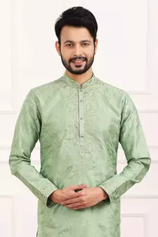 Green embroidered art silk kurta-pajama