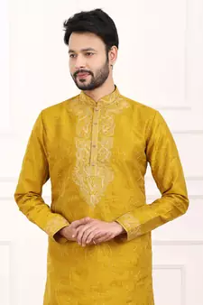 Yellow embroidered art silk kurta-pajama