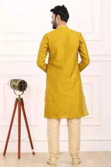 Yellow embroidered art silk kurta-pajama