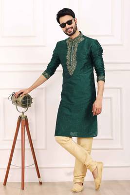 Green embroidered art silk kurta-pajama 1